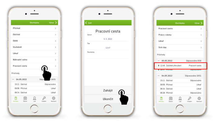 Obr. 7: Zahájení pracovní cesty z mobilní aplikace