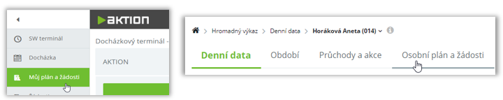Obr. 14: Demonstrace navigování do záložky „osobní plán a žádost“ v agendě „Můj plán a žádosti“ ve Webové aplikaci