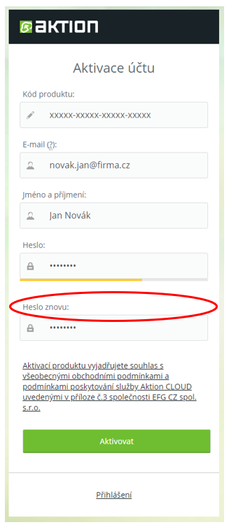 Obr. 2: Aktivace účtu – vyplnění údajů